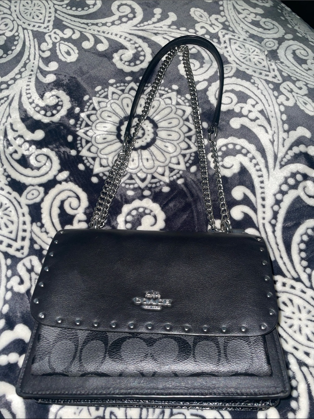 Coach Black Leather Studded Chain Bag